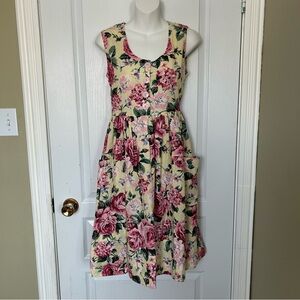 Storybook Heirlooms Vintage Floral Dress Women P Side Pockets Yellow Pink